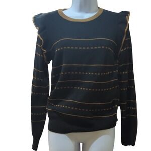 SHEIN Black Gold Stripe Ruffle Shoulder Long Sleeve Sweater‎ Top Women's Large